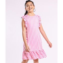 Pine Kids Ruffle Sleeves Striped Frock - Pink
