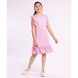 Pine Kids Ruffle Sleeves Striped Frock - Pink