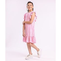Pine Kids Ruffle Sleeves Striped Frock - Pink