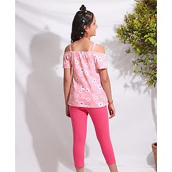 Pine Kids Biowashed Off Shoulder Sleeves Top & Legging Set Floral Print - Pink Pink