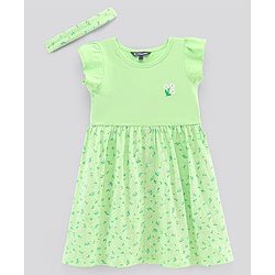 Pine Kids Half Sleeves Bio Wash Frock with Headband Floral Print- Green