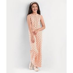 Pine Kids Sleeveless Biowashed Jumpsuit With Headband Polka Print - Peach