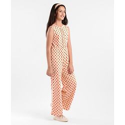 Pine Kids Sleeveless Biowashed Jumpsuit With Headband Polka Print - Peach