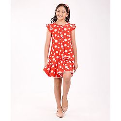 Pine Kids Cap Sleeves Cotton Frock with Headband Floral Print - Red