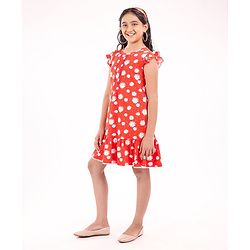 Pine Kids Cap Sleeves Cotton Frock with Headband Floral Print - Red
