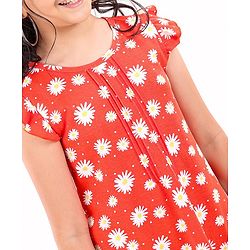 Pine Kids Cap Sleeves Cotton Frock with Headband Floral Print - Red