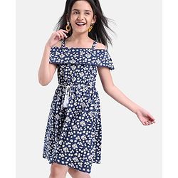 Pine Kids Cold Shoulder Sleeves Floral Print Dress- Blue