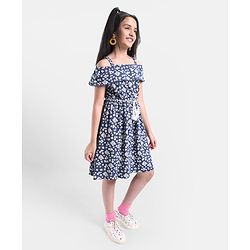 Pine Kids Cold Shoulder Sleeves Floral Print Dress- Blue