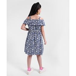Pine Kids Cold Shoulder Sleeves Floral Print Dress- Blue