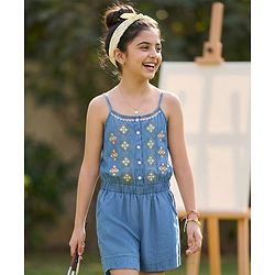 Pine Kids Singlet Denim Jumpsuit Geometric Embroidery - Light Blue