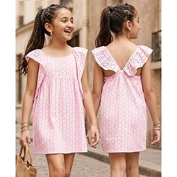 Pine Kids Sleeveless Cotton Schiffli Frock Solid- Pink