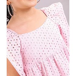 Pine Kids Sleeveless Cotton Schiffli Frock Solid- Pink