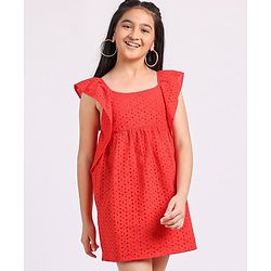 Pine Kids Sleeveless Cotton Schiffli Frock Solid- Red
