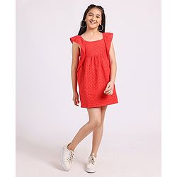 Pine Kids Sleeveless Cotton Schiffli Frock Solid- Red