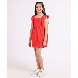 Pine Kids Sleeveless Cotton Schiffli Frock Solid- Red