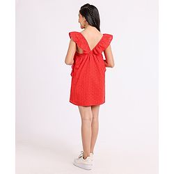Pine Kids Sleeveless Cotton Schiffli Frock Solid- Red