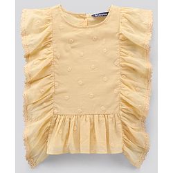 Pine Kids Flutter Sleeves Cotton Dobby Embroidered Top - Light Yellow