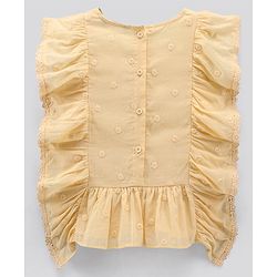 Pine Kids Flutter Sleeves Cotton Dobby Embroidered Top - Light Yellow