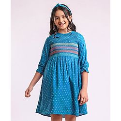 Pine Kids 3/4th Sleeves Embroidered Denim Smocked Frock with Headband Polka Print - Blue