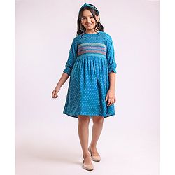 Pine Kids 3/4th Sleeves Embroidered Denim Smocked Frock with Headband Polka Print - Blue