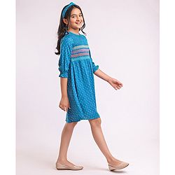 Pine Kids 3/4th Sleeves Embroidered Denim Smocked Frock with Headband Polka Print - Blue