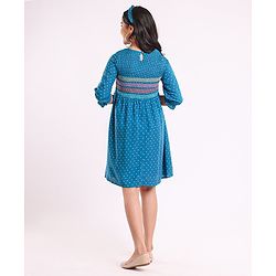 Pine Kids 3/4th Sleeves Embroidered Denim Smocked Frock with Headband Polka Print - Blue