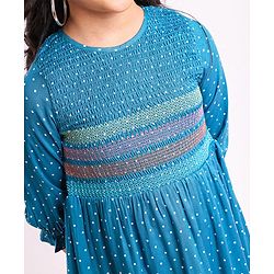 Pine Kids 3/4th Sleeves Embroidered Denim Smocked Frock with Headband Polka Print - Blue