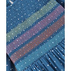 Pine Kids 3/4th Sleeves Embroidered Denim Smocked Frock with Headband Polka Print - Blue