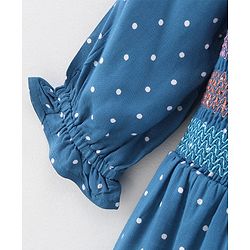 Pine Kids 3/4th Sleeves Embroidered Denim Smocked Frock with Headband Polka Print - Blue
