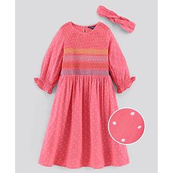 Pine Kids 3/4th Sleeves Gathered Frock with Embroidery and Polka Dot Print - Salmon Pink