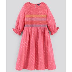 Pine Kids 3/4th Sleeves Gathered Frock with Embroidery and Polka Dot Print - Salmon Pink