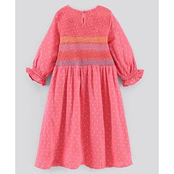 Pine Kids 3/4th Sleeves Gathered Frock with Embroidery and Polka Dot Print - Salmon Pink