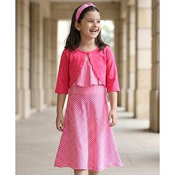 Pine Kids Sleeveless Rayon Frill Frock with Full Sleeves Shrug & Hairband - Pink