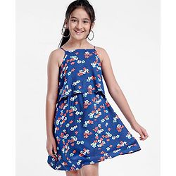 Pine Kids Singlet Frock with Mask Floral Print - Blue