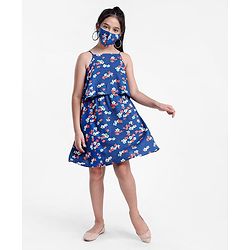 Pine Kids Singlet Frock with Mask Floral Print - Blue