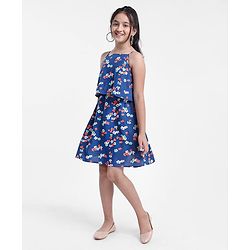 Pine Kids Singlet Frock with Mask Floral Print - Blue