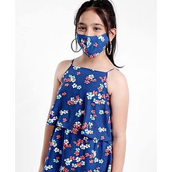 Pine Kids Singlet Frock with Mask Floral Print - Blue