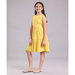 Pine Kids Sleeveless Frock with Mask Polka Dot Print - Yellow