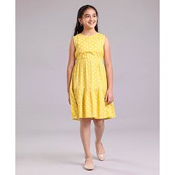 Pine Kids Sleeveless Frock with Mask Polka Dot Print - Yellow
