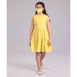 Pine Kids Sleeveless Frock with Mask Polka Dot Print - Yellow