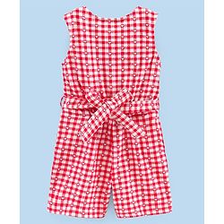Pine Kids Cotton Biowashed Sleeveless Jumpsuit Check Pattern - Red