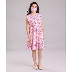 Pine Kids Sleeveless Frock with Mask Floral Print - Pink