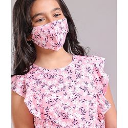 Pine Kids Sleeveless Frock with Mask Floral Print - Pink