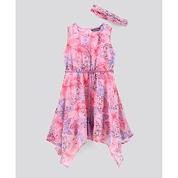 Pine Kids Rayon Sleeveless Asymmetrical Frock with Hairband Butterfly Print - Pink