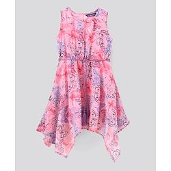 Pine Kids Rayon Sleeveless Asymmetrical Frock with Hairband Butterfly Print - Pink