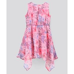 Pine Kids Rayon Sleeveless Asymmetrical Frock with Hairband Butterfly Print - Pink