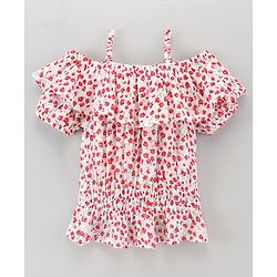 Pine Kids Rayon Woven Half Sleeves Top Floral Print - White Red