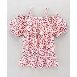 Pine Kids Rayon Woven Half Sleeves Top Floral Print - White Red