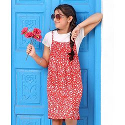Pine Kids Half Sleeves Tee & Frock Floral Print - Red