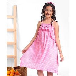 Pine Kids Sleeveless Asymmetrical Frock with Headband Polka Dot Print - Pink